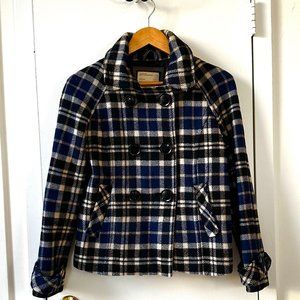 Aeropostale Navy Blue/Black/White Plaid Wool Blend Coat Size Small